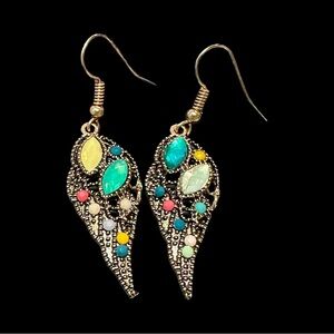 Elegant Jewel Toned Dangle Earrings Artsy Look in Antique Silver Tone New